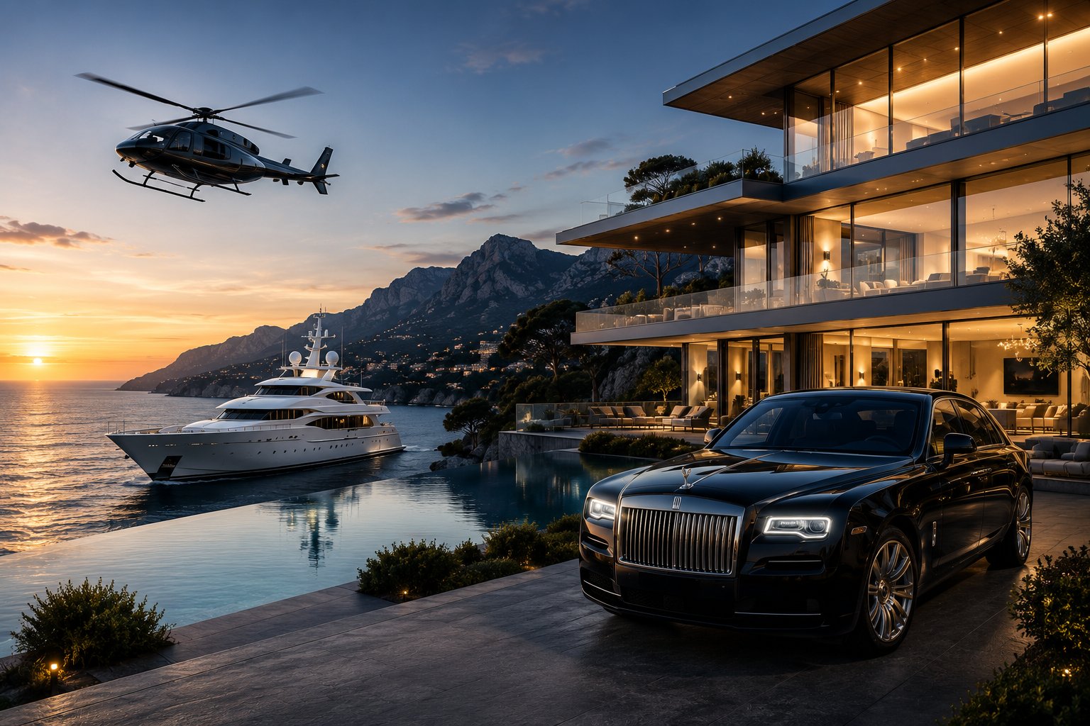 A coastal residence with yacht and helicopter