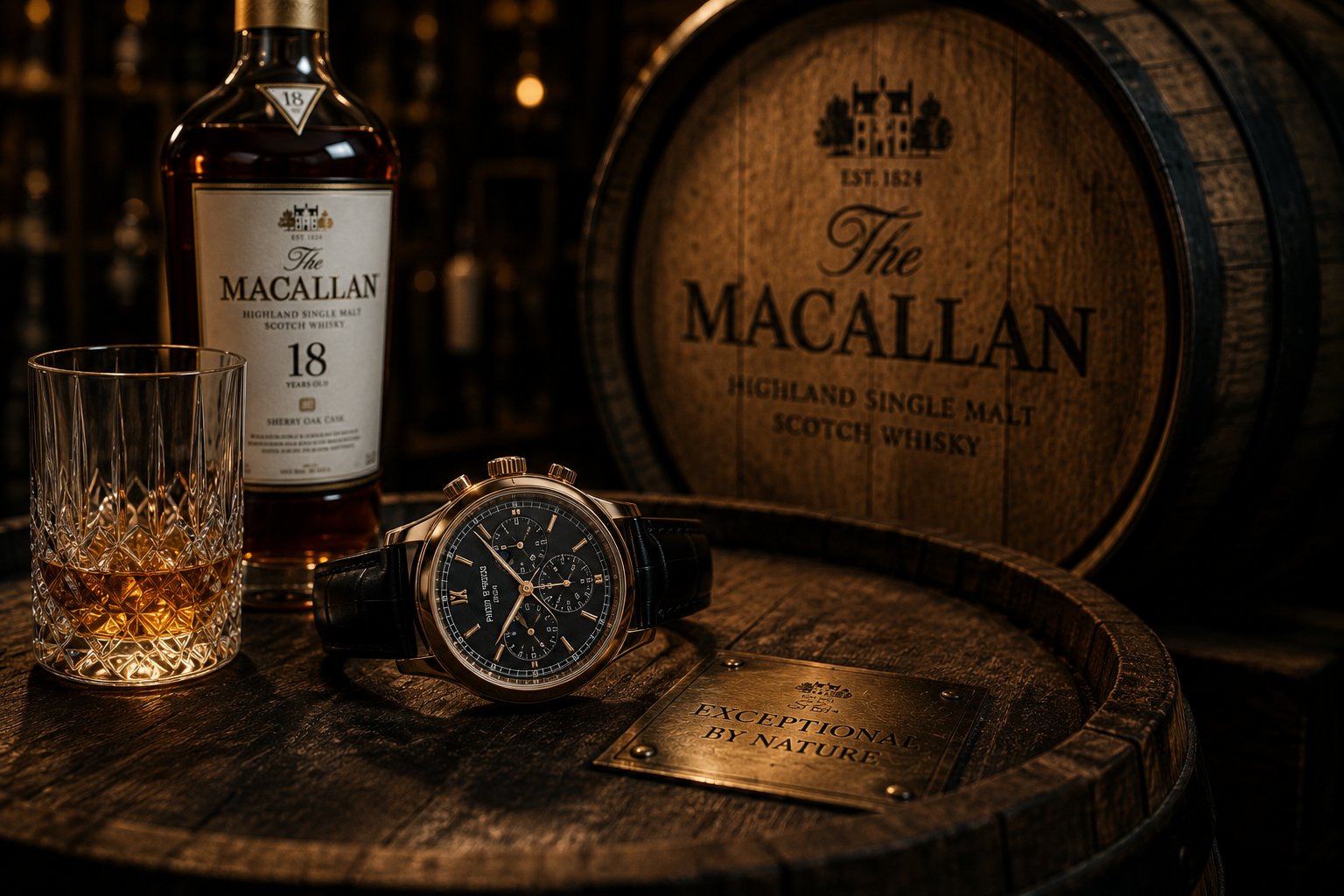 Rare whisky and a fine watch resting on a cask